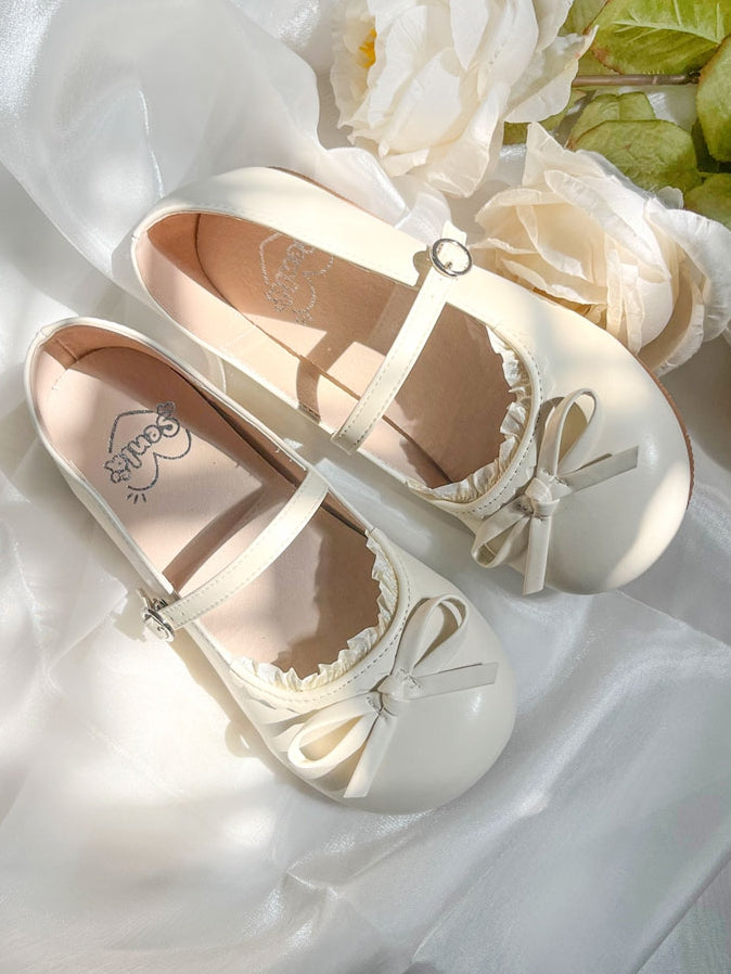 Lolita Beige mit matten Schuhen Schleife Flache runde geknotete Spitze