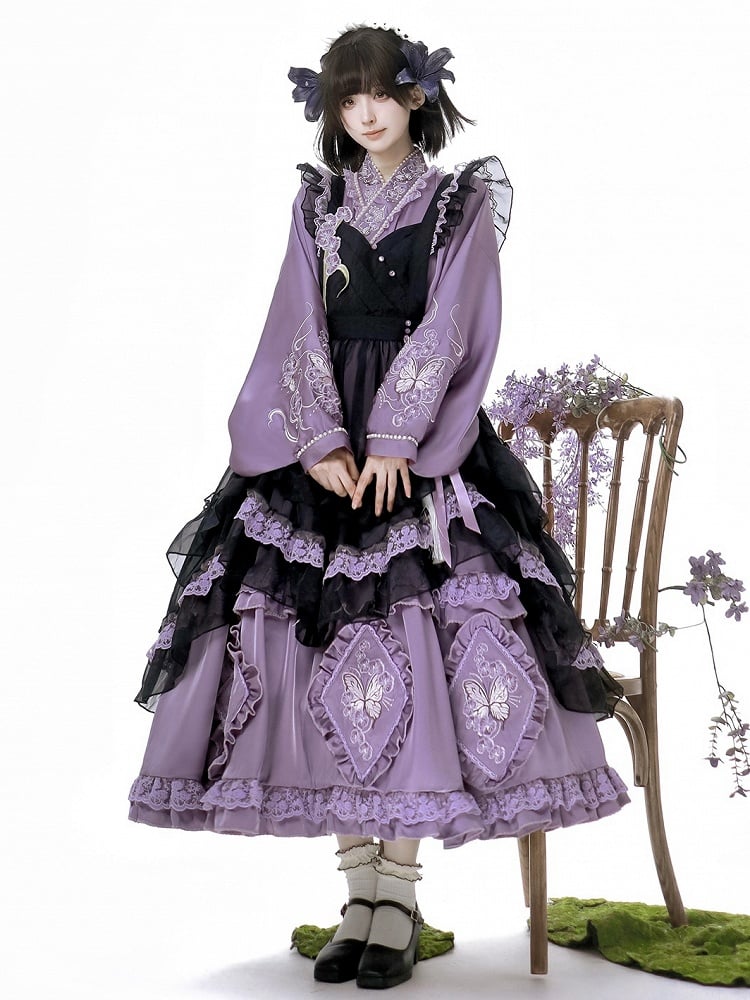 Delicate Butterfly Apron Lolita Dress Black Set Purple Han and Embroidery Full Floral +