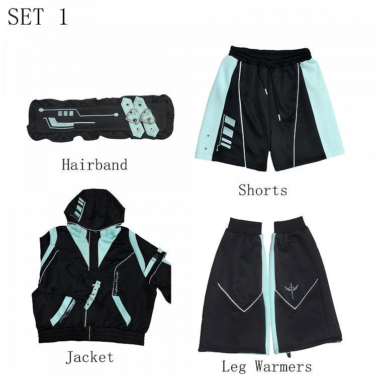 Schwarzes und grünes Cyberpunk-Jirai-Kei-Outfit – Kapuzenjacke, Shorts, Beinwärmer, Kopfbedeckung, komplettes Set