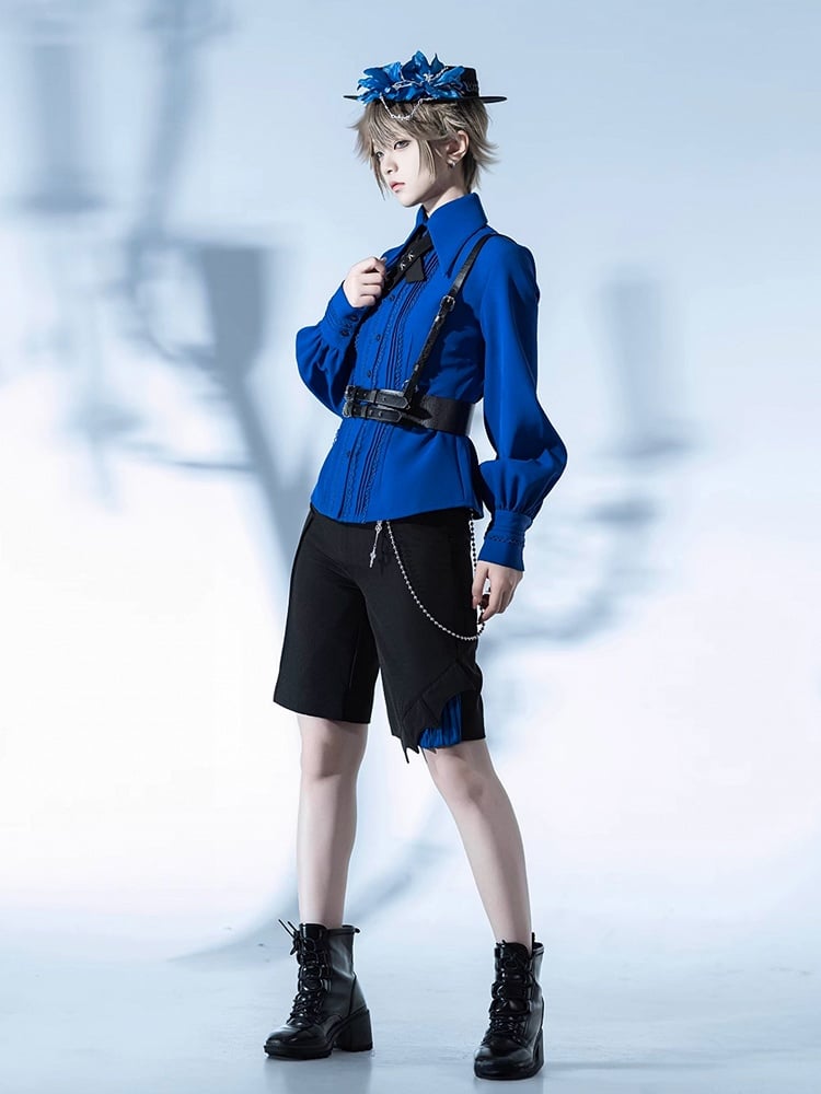 Long Klein Gray Blue and Point Collar Shirt Pleating Foldover Detailing Lace / Prince Sleeves