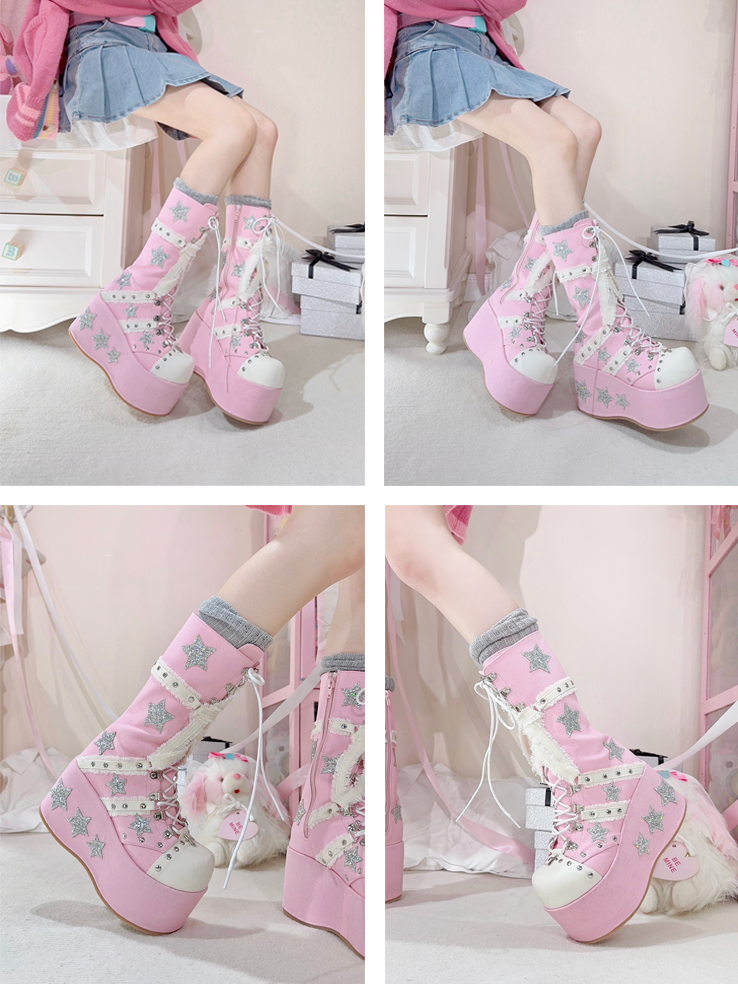 mit wadenlangen, sternförmigen Applikationen im Schnürstil, rosa, klobige, glänzende Gyaru-Plateaustiefel
