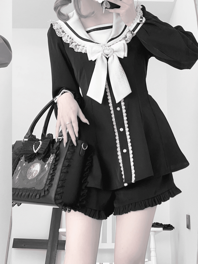 Black White Kei + Ears Bow Mini Dress + Ruffle Hem Shorts Jirai and Back Tie Sailor Collar Bunny Design Set-