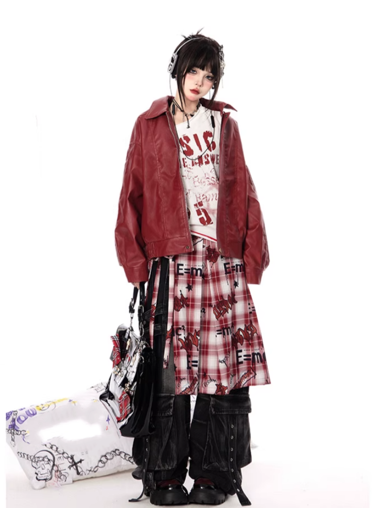 Red PU Leather Zip-up Jacket for Vintage Autumn