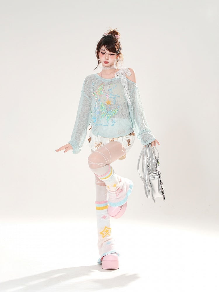 Asymmetrical Neckline Butterfly Print Apricot/Green