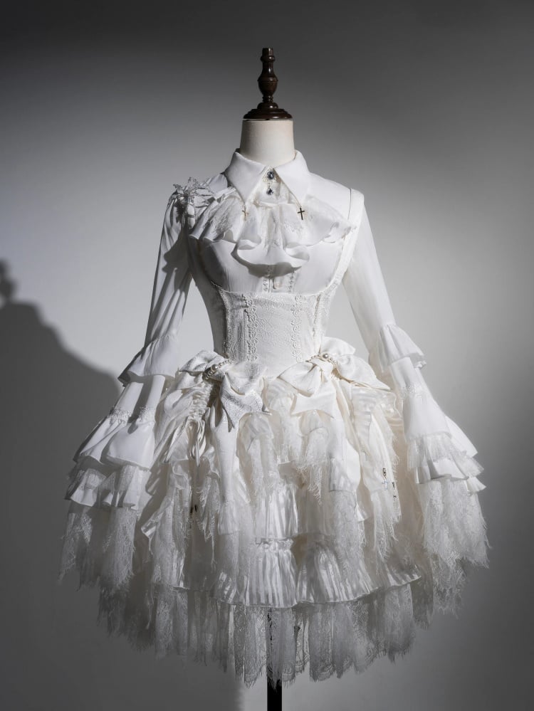 Weißes Shiro Lolita-Kleid aus Spinnennetzstoff mit Kordelzug am Saum unter der Brust