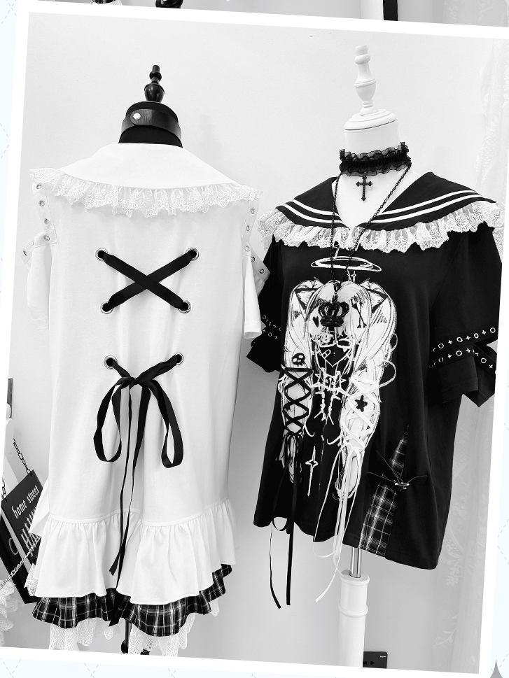 Anime Girl Print Peter Pan Collar Lace-up Details Dress Bittersweet White