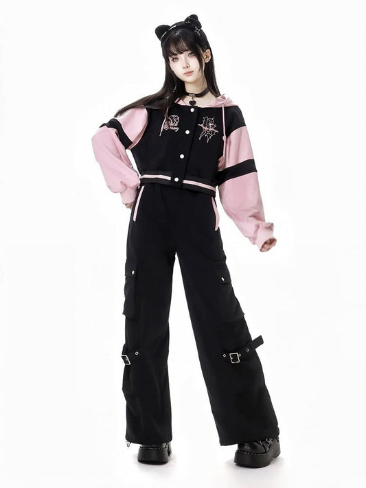 Black Elastic Waist Buckle Straps Cargo Pants