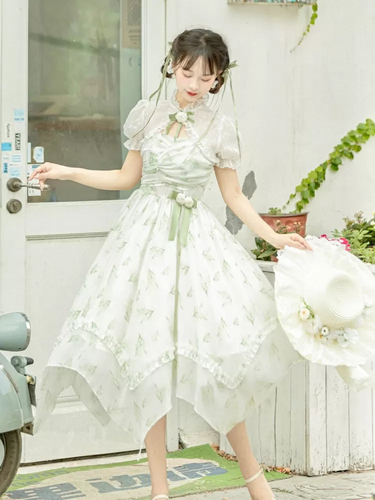 Light Green Lily of the Valley Print Handkerchief Hem Dress + Bolero