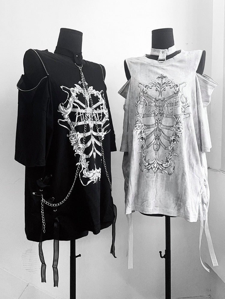Choker T-Shirt Ribcage Gothic Shoulder Chain Coffin Print with Zip Detachable Convertible Black