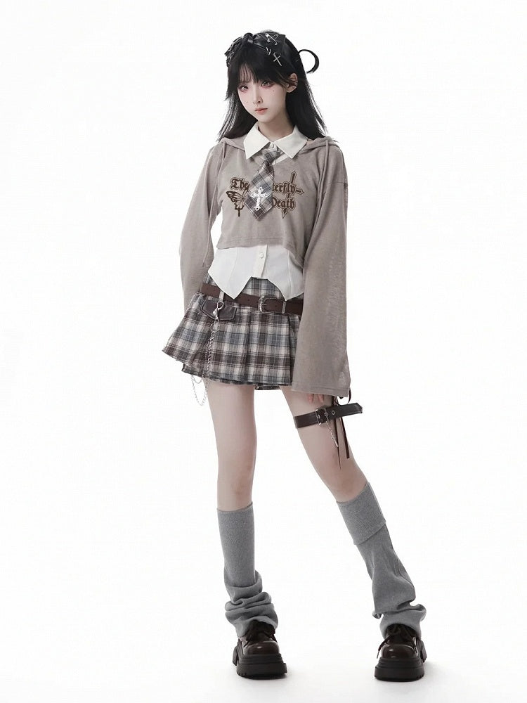Y2K Lace-up Black Detail Plaid Skort with Buckle Belt and Chain White/ Khaki