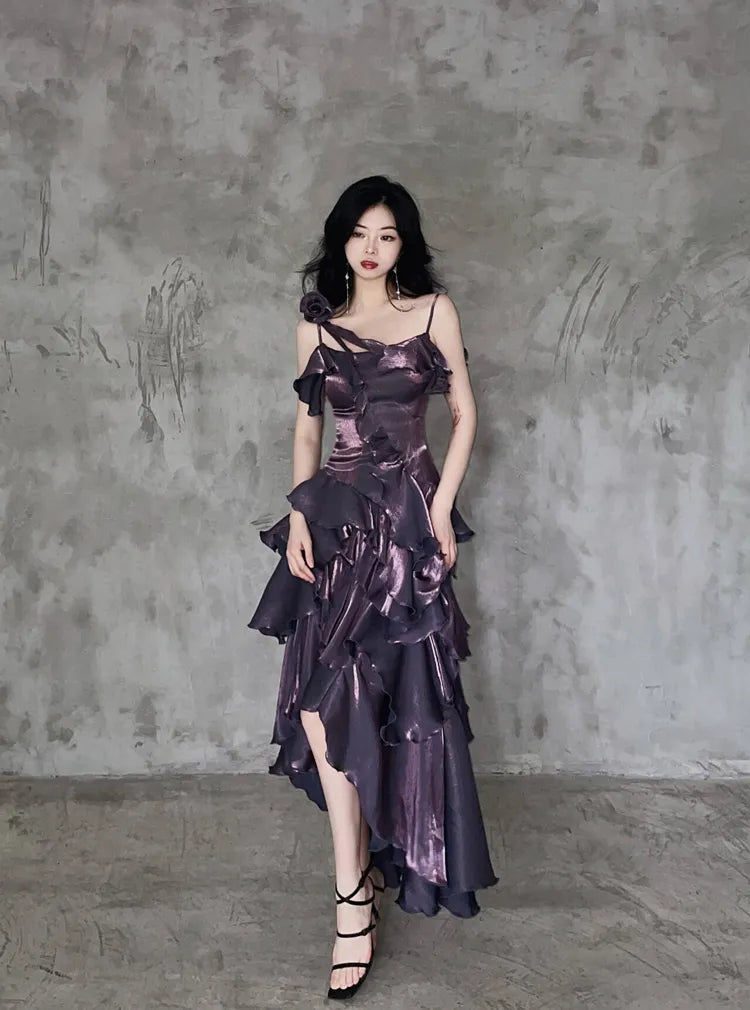 Dark Purple Asymmetrical Layered Flounce Spaghetti Strap Prom Dress Evening Gown