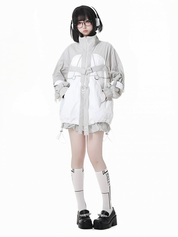 and White Techwear Sun Protection Jacket Gray Hem Colorblock Drawstring