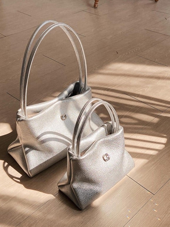 Silver Handbag With Button Closure Chic Small-Sized
