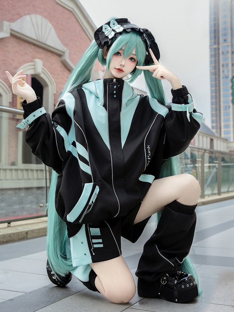 Schwarzes und grünes Cyberpunk-Jirai-Kei-Outfit – Kapuzenjacke, Shorts, Beinwärmer, Kopfbedeckung, komplettes Set