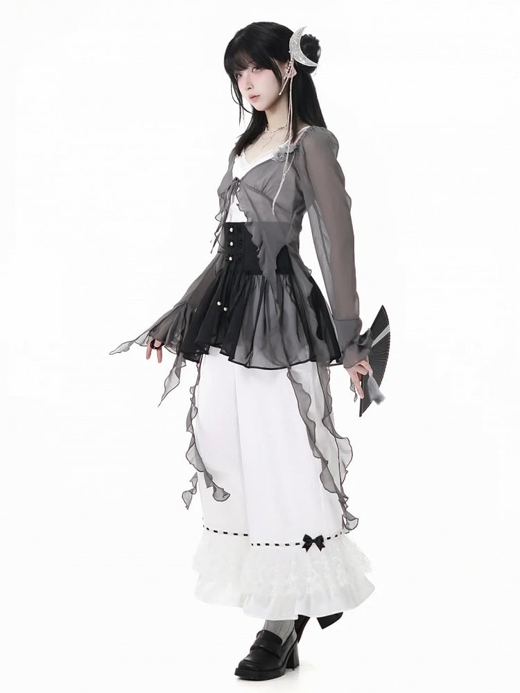 White Elastic Waist Bowknot Tiered Ruffled Cuffs Casual Pants Details