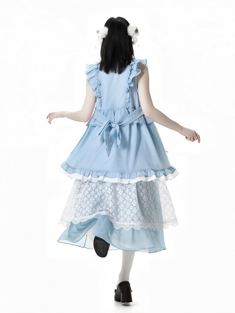 Rococo Back Buttons Style Blue Flutter Sleeves Big Sleeveless Dress Knot Cheongsam Details Tassel Bow
