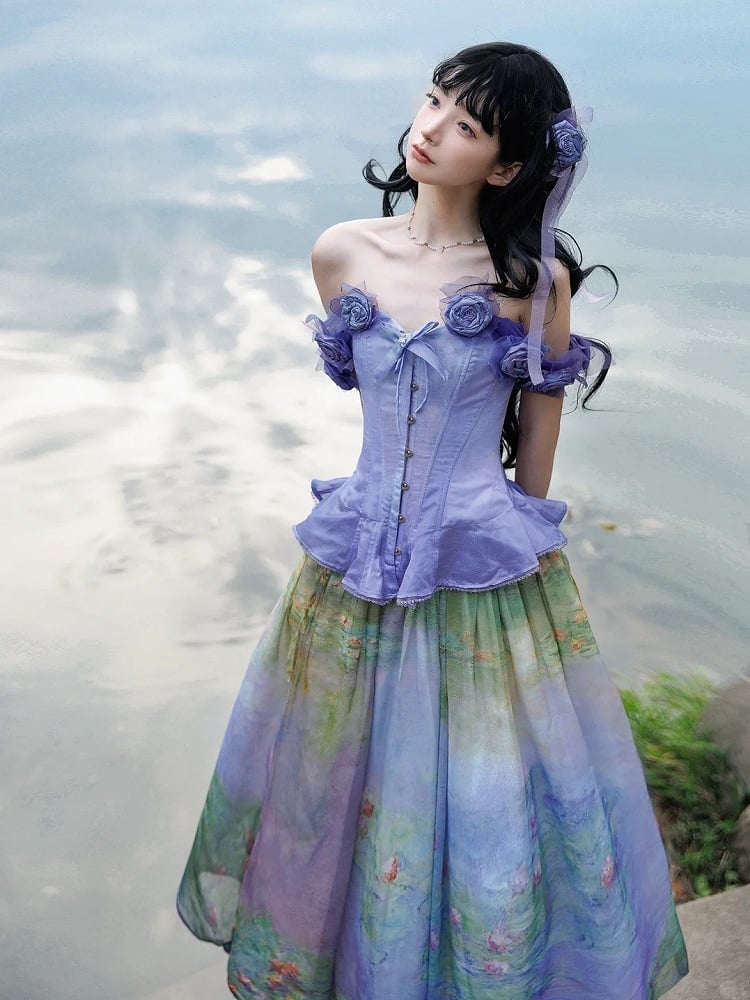 Boned Corset Top with Detachable Floral Adornments Purple Flounce Hem