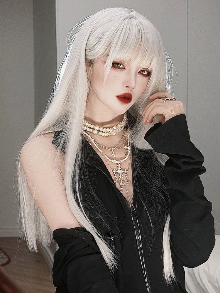 Perruque synthétique longue et lisse coupe Hime blanche