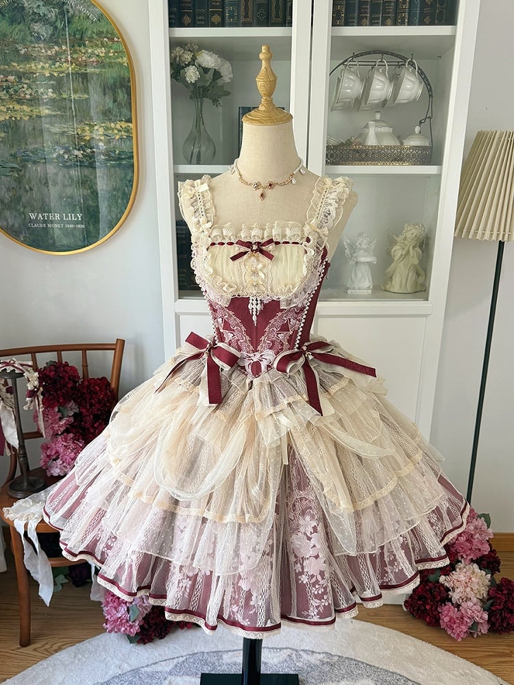 Lolita Red Skirt Print Princess + Boned Floral Corset Wine Balletcore Top
