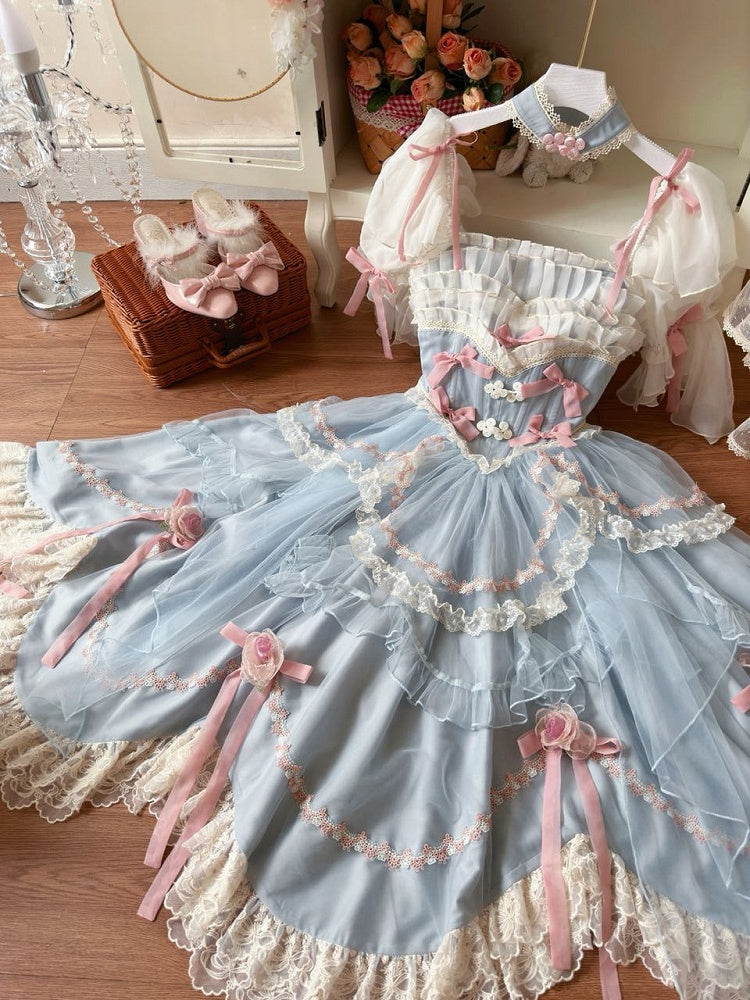 Ensemble complet Hanayome Lolita OP / taille basque bleue avec nœuds floraux