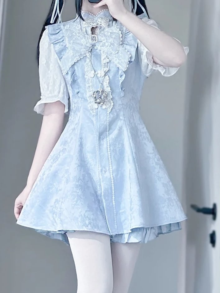 Jirai Blue Tie+Hairclips Light Kei Y2K Sleeves Dress+Shorts+Bow Set-Cheongsam Collar Short
