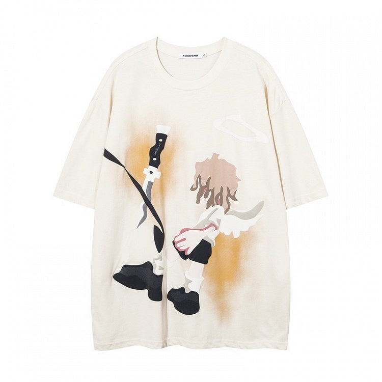 Beige Oversize Tee with Cartoon Boy Print