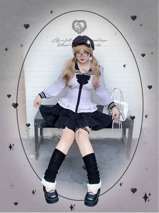 Tiered Skirt Purple + Black Sailor Collar Sleeves Blouse Set - Uniform Bishop Plus Size JK