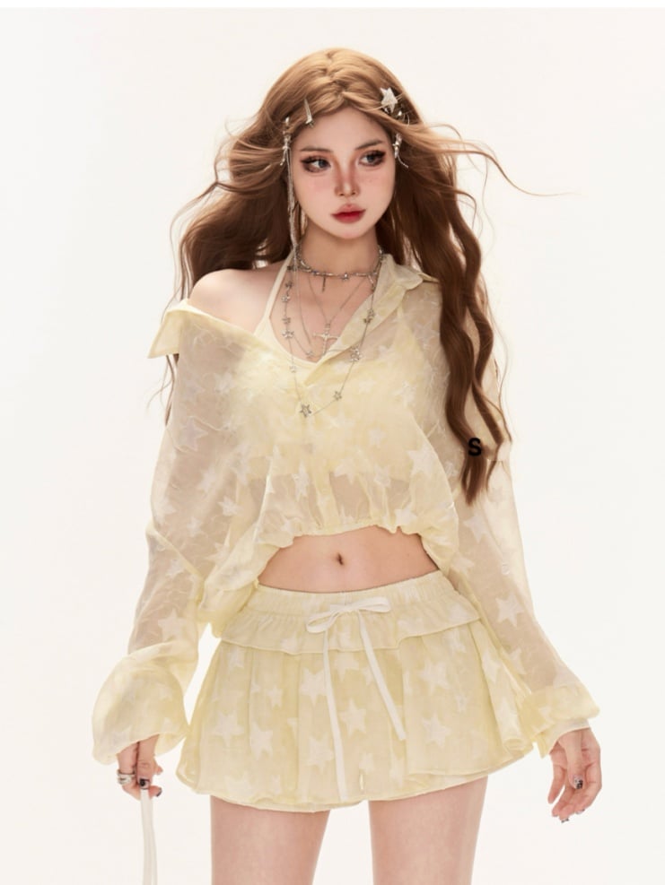 Waist Mini Skirt Yellow Allover Drawstring Star Print