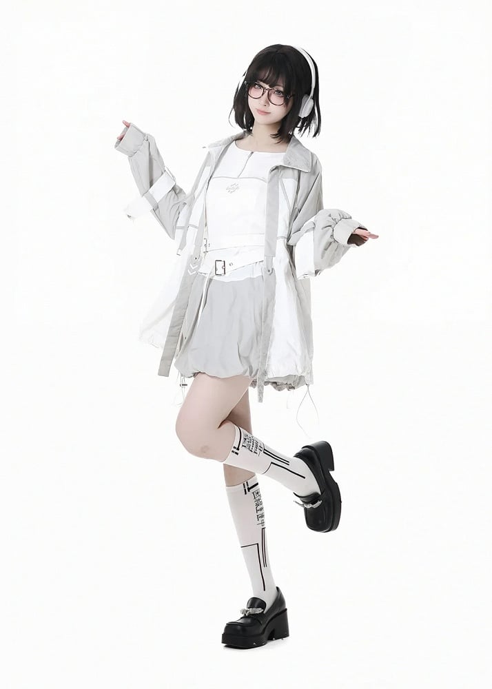 Gray Drawstring Hem Techwear Bubble Skirt