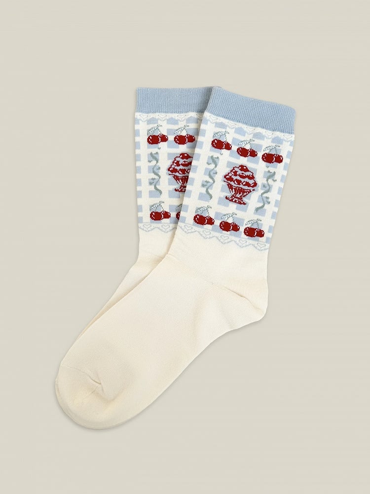 Rot / Weiß / Blaue Baumwollsocken mit Kirschmuster
