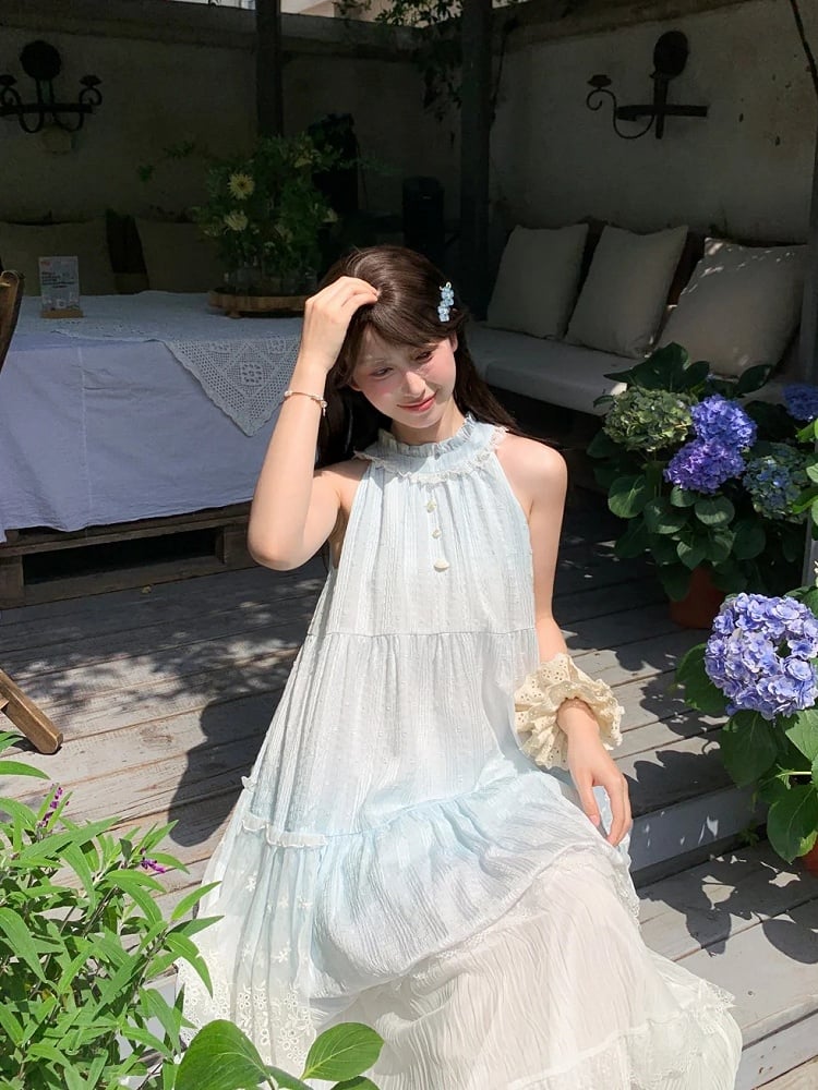 Light Skirt Buttons Sleeveless Dress Halter Neck Bubble Blue Ruffled Bead