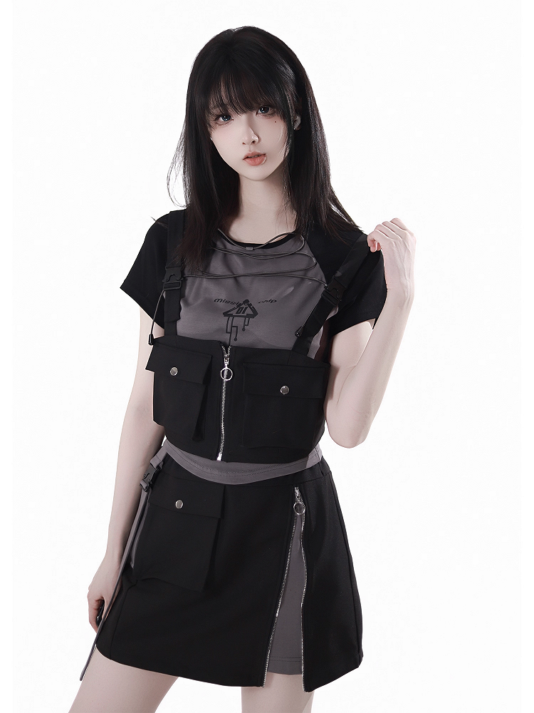 Graues Colorblock-Design und schwarzes Techwear-T-Shirt mit Schnürung vorne