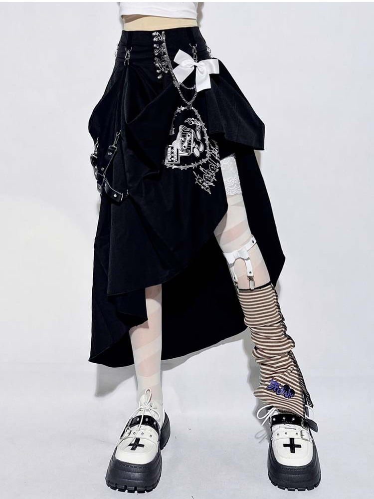 Punk Black Pin Chain Asymmetrical Hem Kitty Detachable Bow Skirt