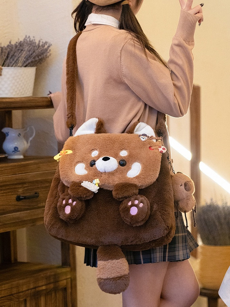 Braun-roter Rucksack aus Plüsch in Panda-Form mit umklappbarer Klappe, mittlere/große Größe
