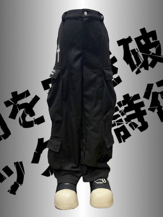 Applique Black Punk Wide-Leg Cargo Cross Decorated Rock Pockets Pants Letter And