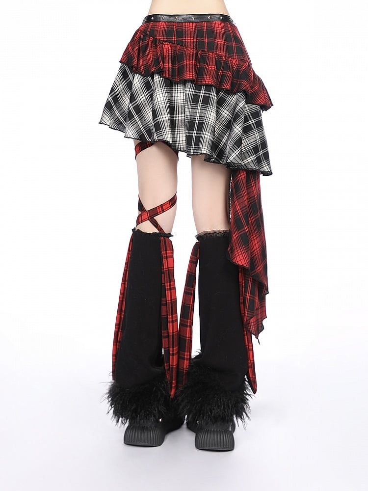Asymmetrical Red White Plaid Tiered Skirt with Cascading Lace Ruffle Trim