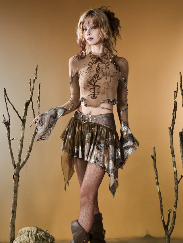 Sleeves Top Print Snakeskin Bell Pattern Design Wasteland Brown Punk