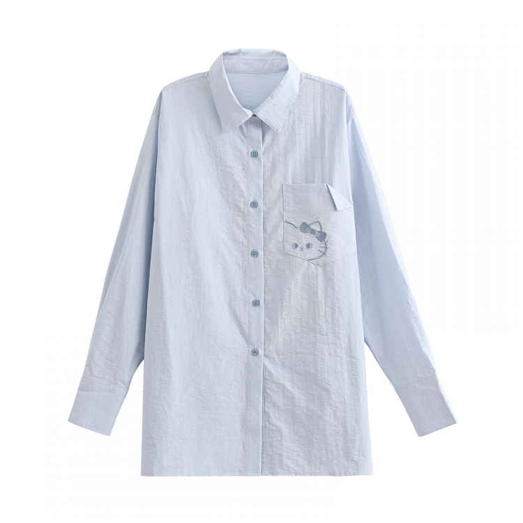 Back Shirt Kitty Embroidery on Pocket Kitty-shaped Detail Blue/Pink Loose Cutout
