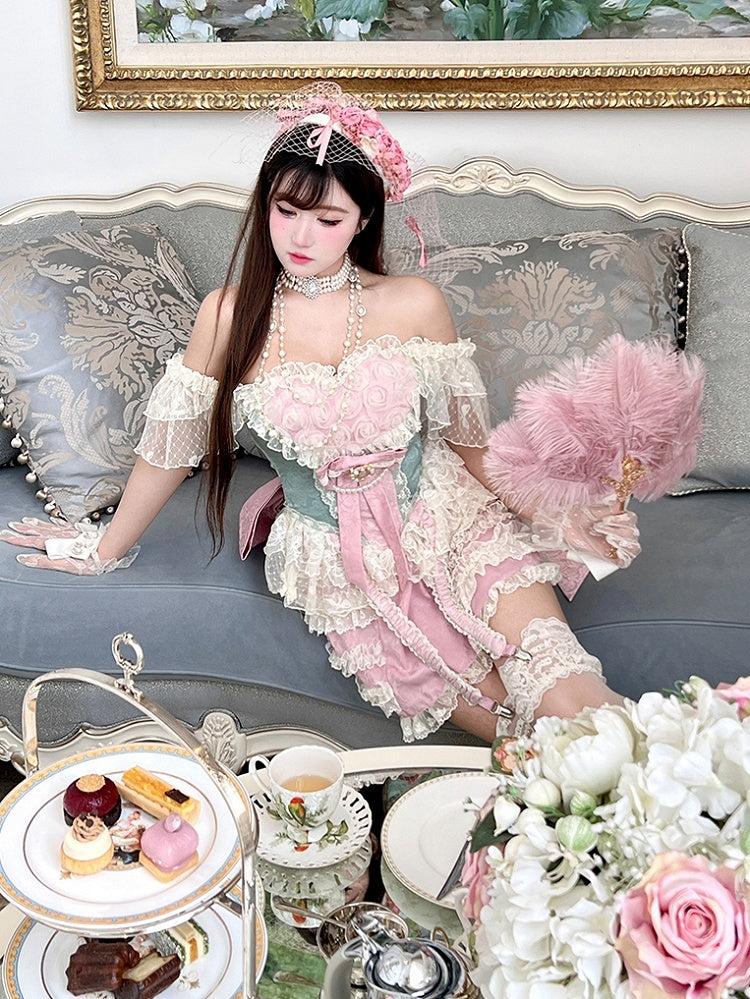Rococo Sweetheart Skort + Corset Top Green Outfit Pink Neckline Roses