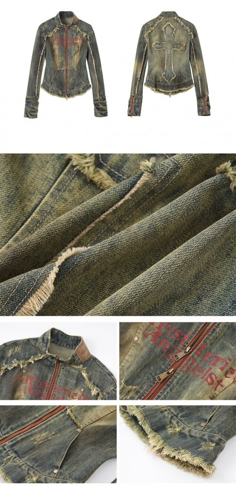 Blaue Rock-Punk-Jeansjacke mit Kreuzaufnäher