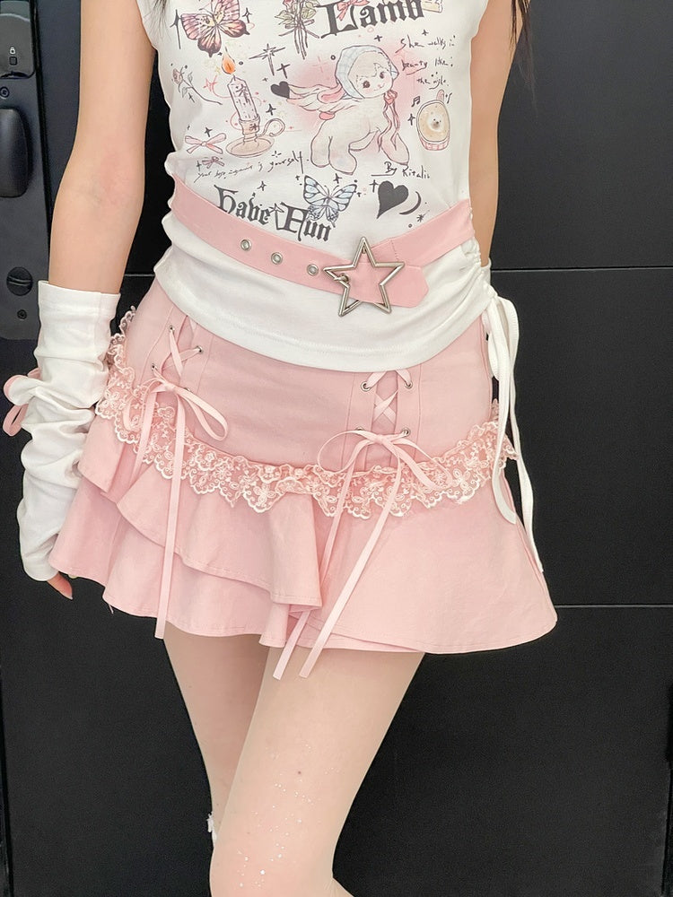 Tiered Skirt with Lace-up Details Pink Y2K Asymmetrical Kawaii Yume