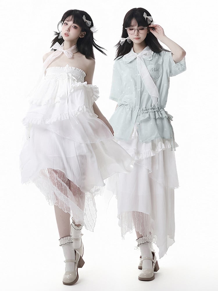 Tiered Skirt Free White Handkerchief Hem Strapless Dress Ways Wear with Bowtie Two