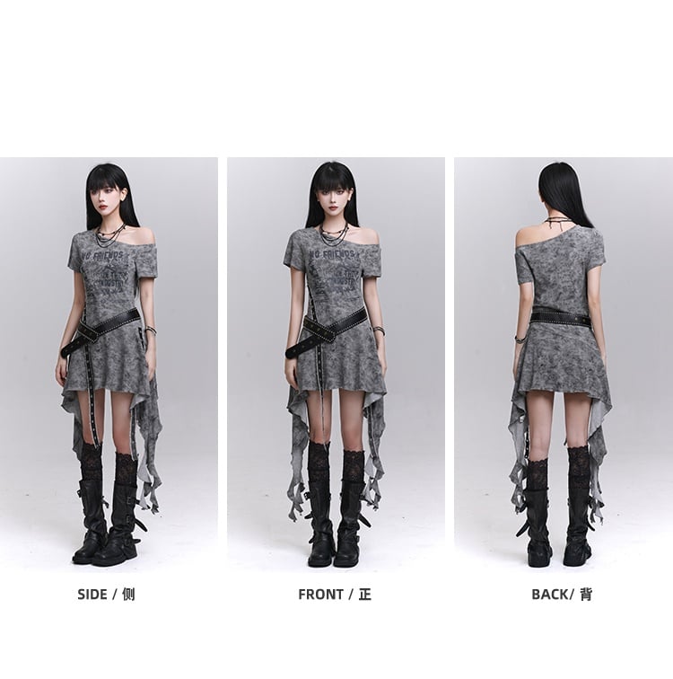 Belt Asymmetrical Neckline Cascading Ruffles Gray/Black Dress with Tie Dye Waist