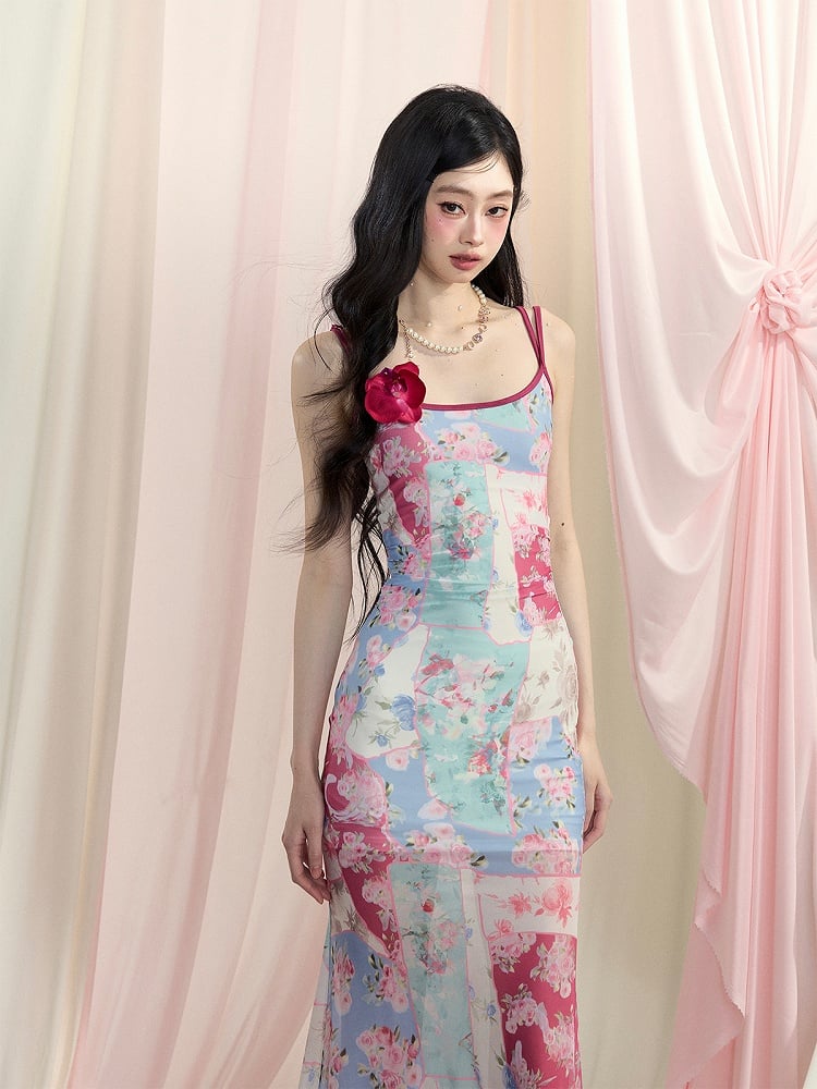 スリップドレス マーメイドスカート プリント バックレス ブルー 油絵 花柄