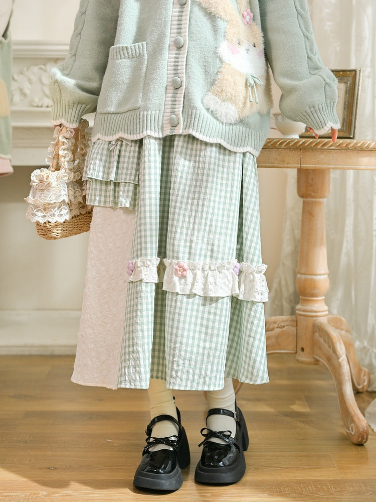 モリケイ グリーン チェック柄 ニット 花柄 蝶結びディテール スカート
