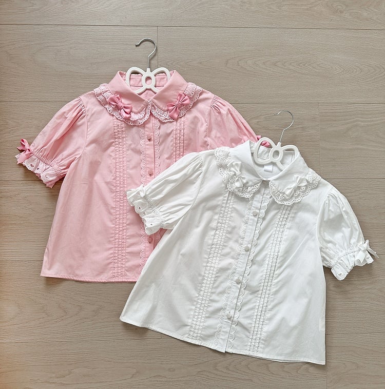 / Blouse Bows Small Pink Short Decoration Sleeves White