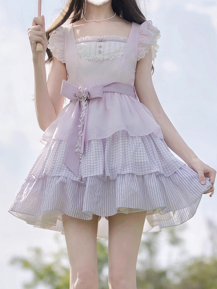 with and Skirt Belt Waist Tiered Sweet Lavender Flutter Sleeves Dress Floral Brooch