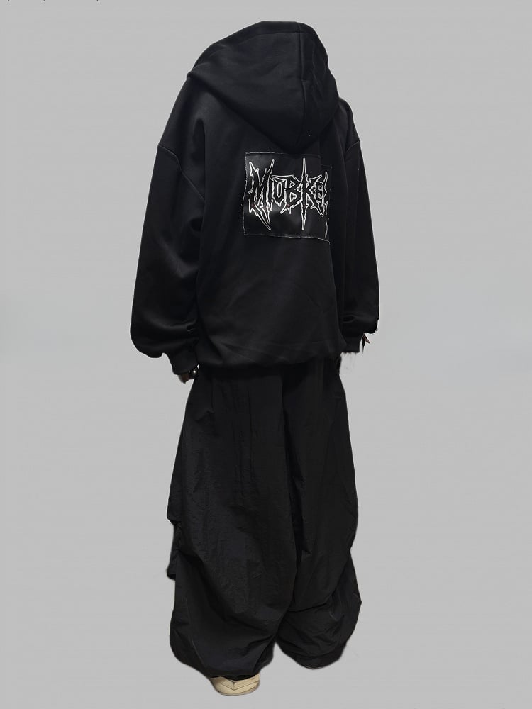 Applique Two-way Placket Zip Letter Black Jacket