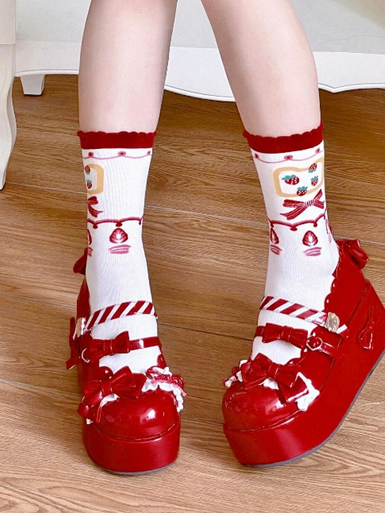 Calf Bowknot Red Print Lolita Strawberry Socks