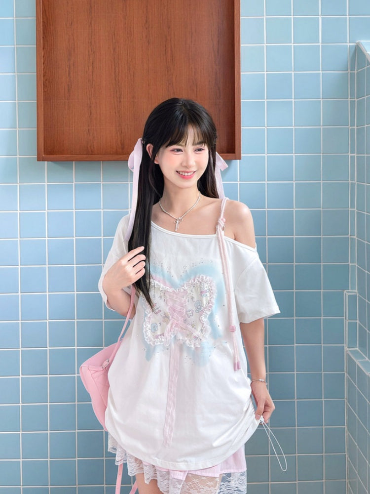 Sequins Decorated Lace-up Butterfly White Asymmetrical Neckline T-shirt Detail